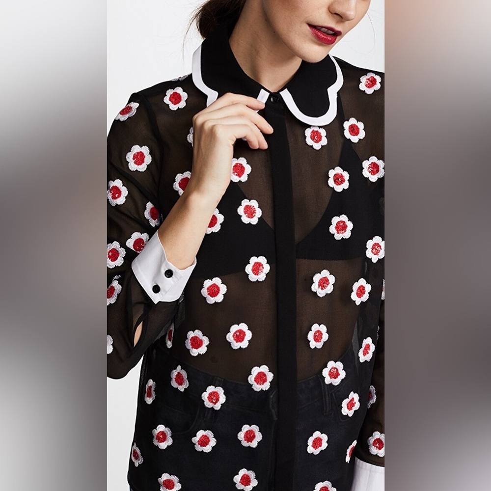 Alice + Olivia Black Sheer Button-Down Shirt with White & Red Floral Embroidery